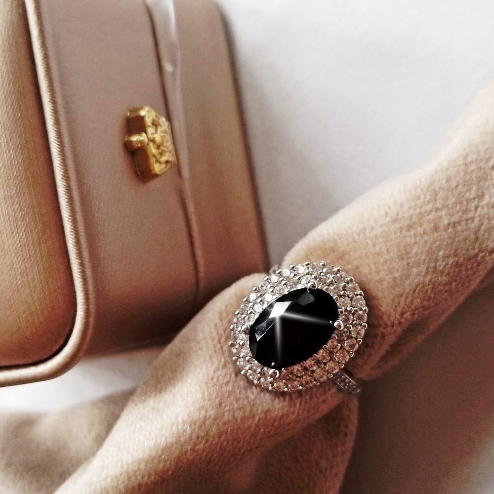 Oval Black Onyx Sterling Silver Rhodium Plated Engagement Halo Ring for Her